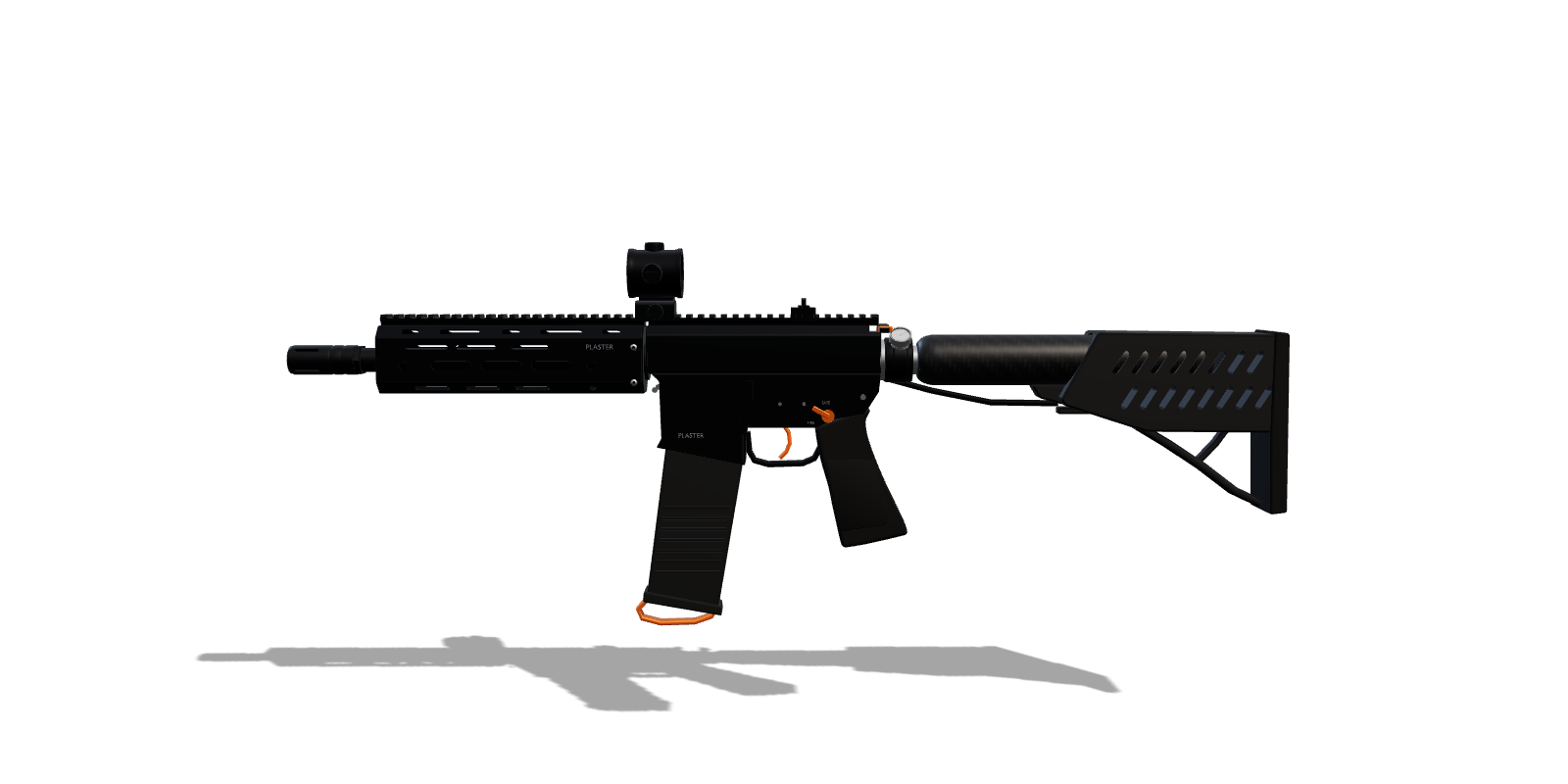 Side view of the mag-fed marker modelled in Blender: flash-hider muzzle, M-LOK handguard, flat-top receiver with a red dot and flip-up rear sight, PMAG-style magazine with an orange pull loop, pistol grip, and a skeleton stock with the carbon air tank running through it.