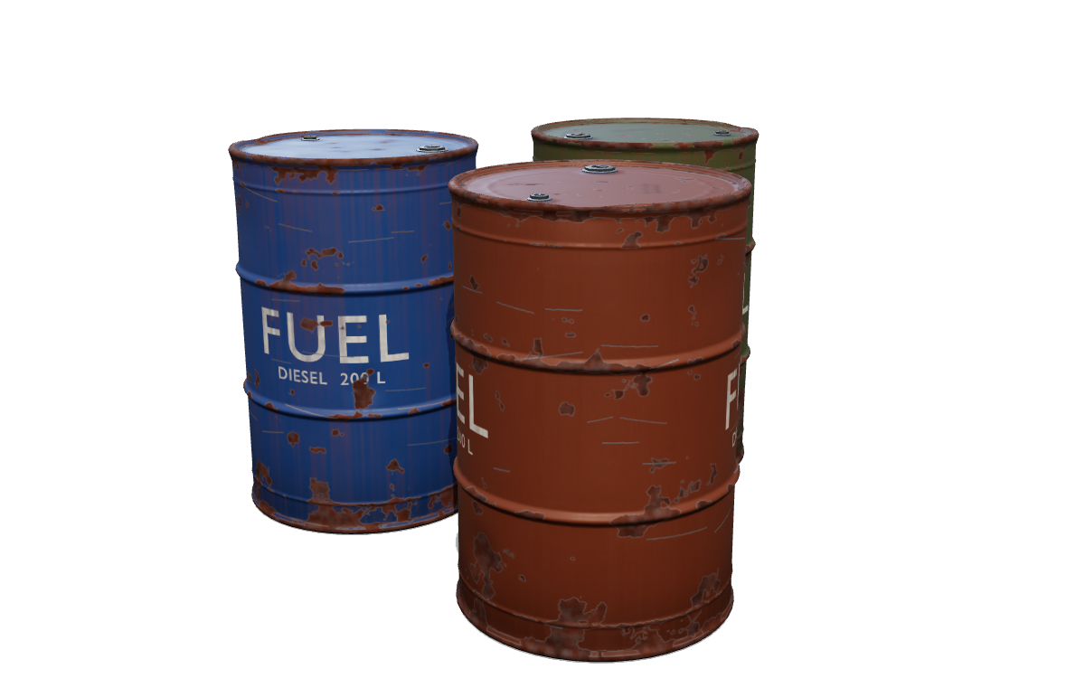 Three oil drums in blue, rust and olive paint: rolling hoops, rolled chimes, chipped and rusted edges, rust streaks, bungs on the lid, and a white FUEL / DIESEL 200 L stencil.