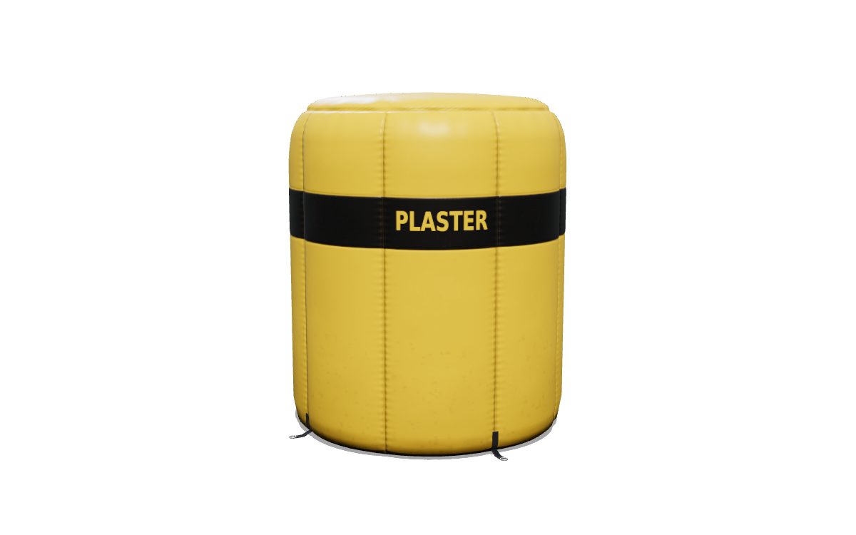 The Can bunker modelled in Blender: yellow nylon panels, black stripe with PLASTER printed on it, valve and stake tabs.