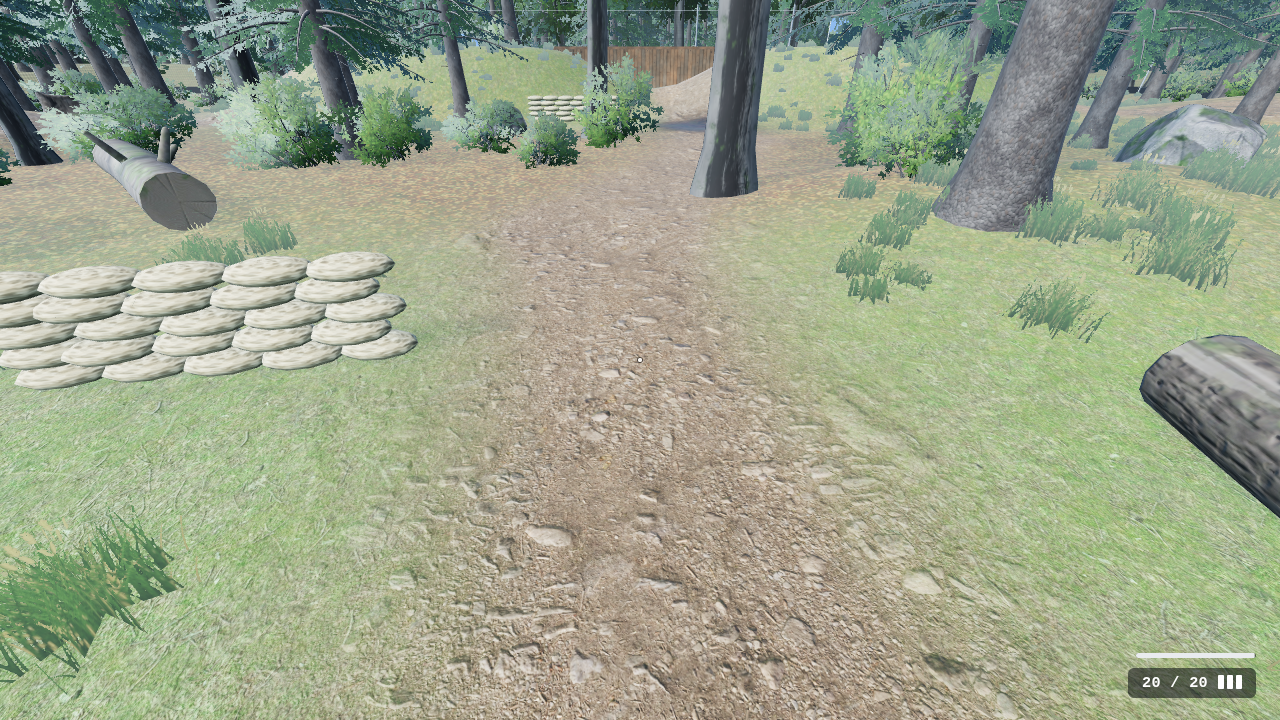 A Woodland trail in the game, seen from standing height: packed brown earth scattered with gravel and flat grey stones that catch the light, edged by grass tufts, sandbags and a fallen log, with forest beyond.