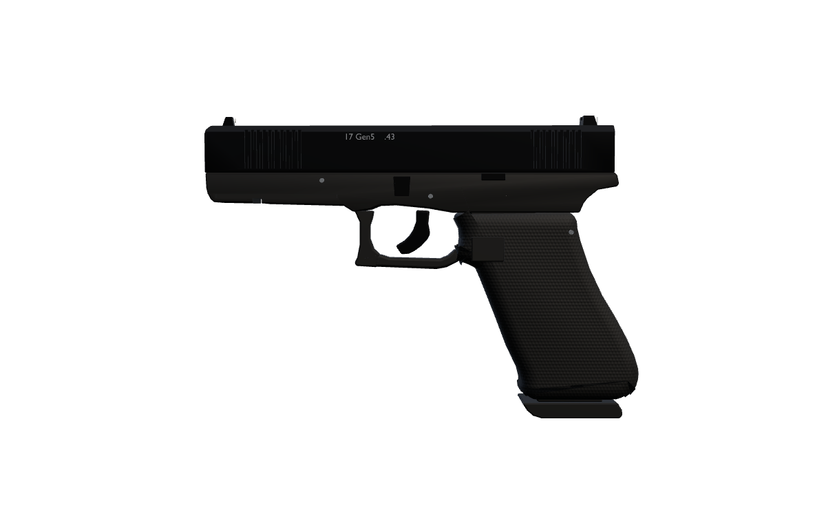 Side view of the P17 pistol: black slide with front and rear serrations and white-dot iron sights, polymer frame with an accessory rail, trigger with its safety blade, stippled grip with a beavertail and the magazine's base plate.