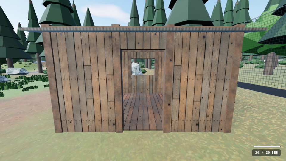 A Woodland shack in the game, walls of weathered vertical boards: silvered brown wood with visible grain and knots, rows of nails with rust running down, butt joints, dark gaps between boards, and corner posts.