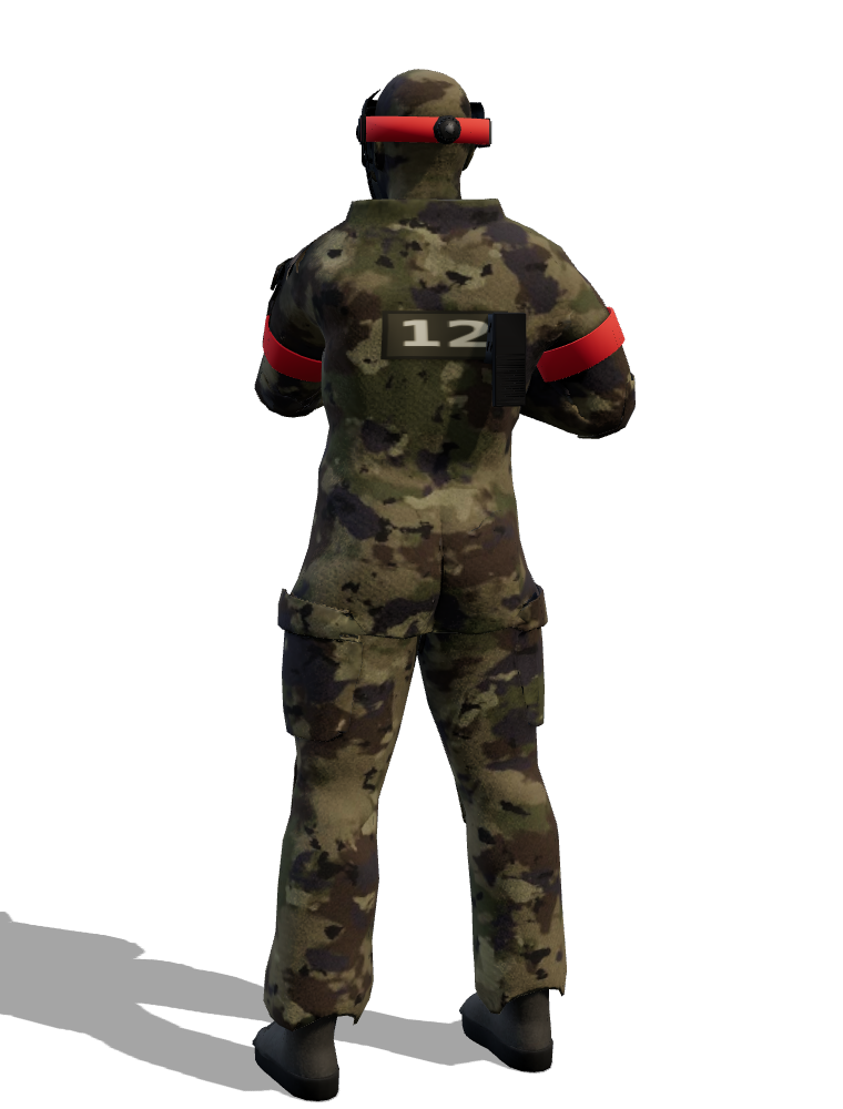 Back view: jersey number and a four-pod harness.