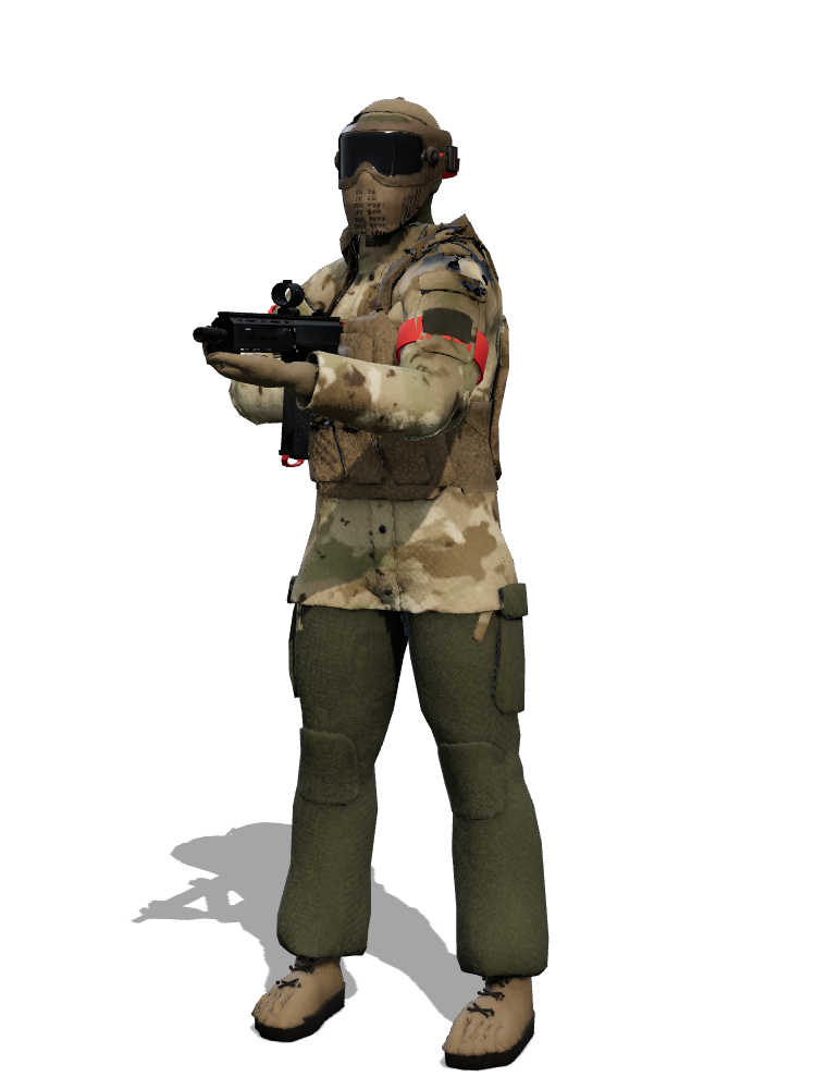 The Ranger character: arid camo shirt, green pants, a coyote plate carrier with mag pouches, tan mask, a cap worn backwards.
