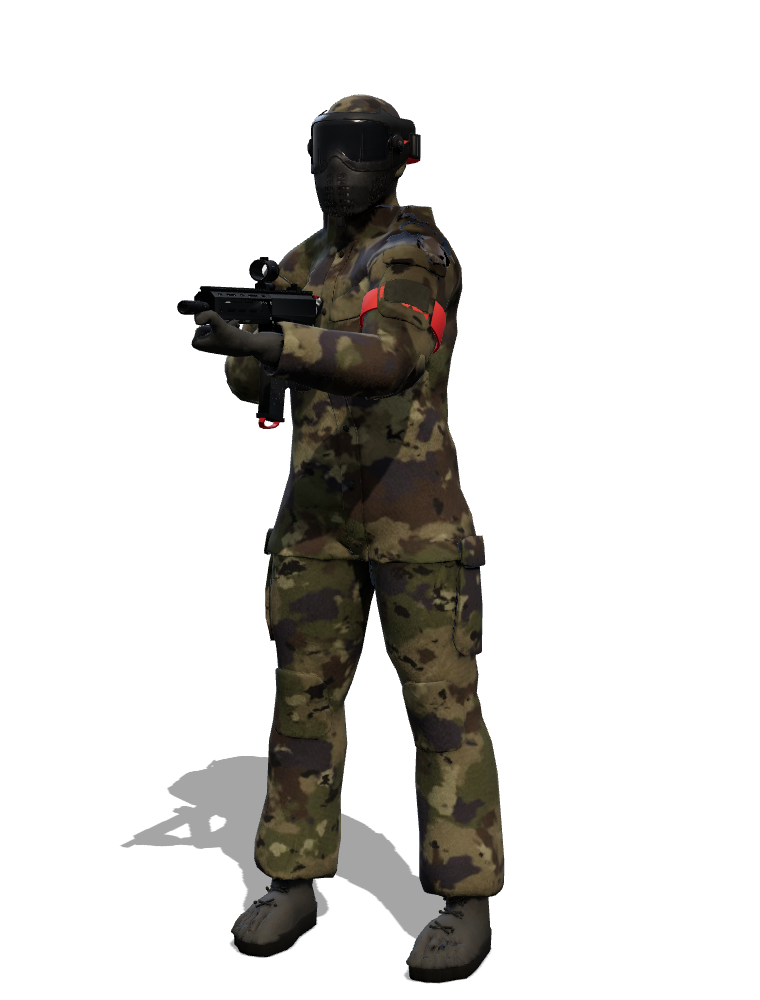A Red team magfed player: i5-style paintball mask with a red strap, camo field jacket and cargo pants, red armbands, gloves and boots, holding the marker right-handed.