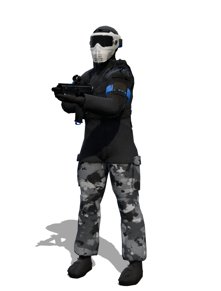 The Urban character: charcoal top, urban camo pants, black chest rig, white mask, beanie.