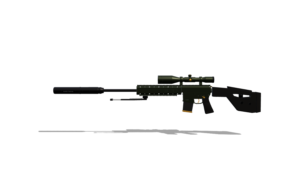 Side view of the bolt-action sniper in olive with brass accents: suppressor-style shroud, thin barrel, quad-rail handguard with a folded bipod, long scope on two rings, short magazine, pistol grip and a precision stock with a cheek riser.