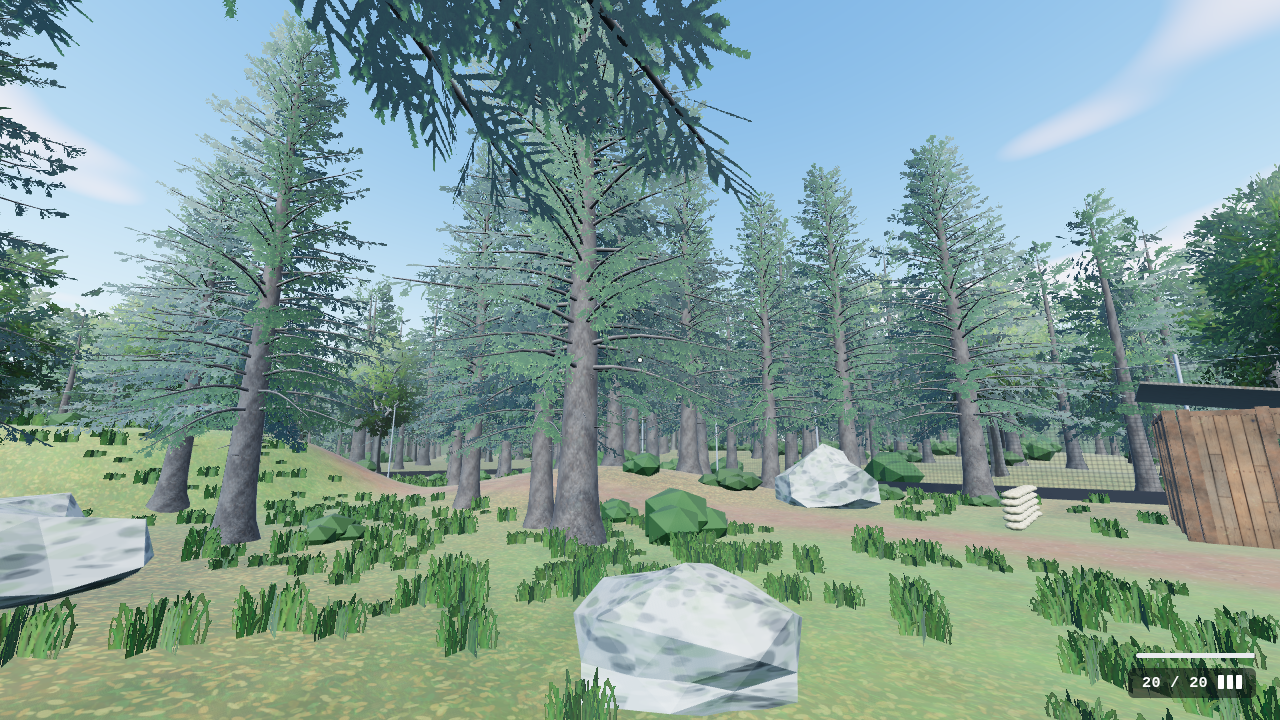 A Woodland spruce stand in the game: tall Norway spruces with grey scaly trunks, whorls of drooping branches clothed in needle sprays, a broadleaf tree at the edge, and the trail and netting behind.