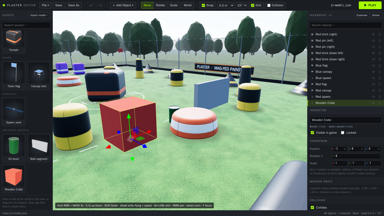 The asset browser scrolled to Imported models: oil drum, wall segment and wooden crate, each with a rendered preview.