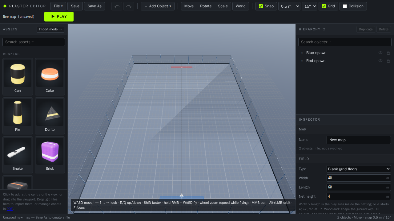 File › New: a blank 40 × 60 m field with a grid floor, the netting and a spawn zone at each end; the inspector's Field type reads Blank (grid floor).
