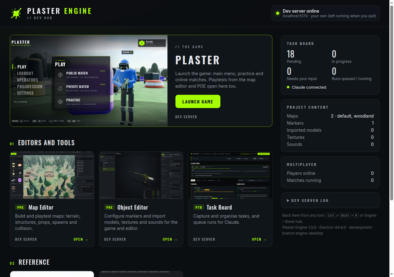 The Plaster Engine hub: the game as the featured card, the map editor, POE and task board below, and side panels with task counts, Claude connected, project content and multiplayer numbers.