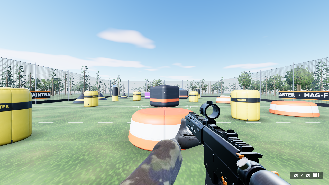 In game, first person: the character's camo sleeve and grey gloves on the marker's grip and handguard.