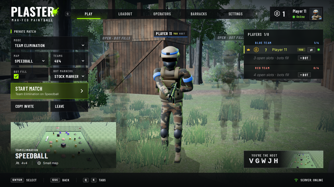 A private lobby on Woodland: a picture of the map, code, map and team-size settings, and both teams.