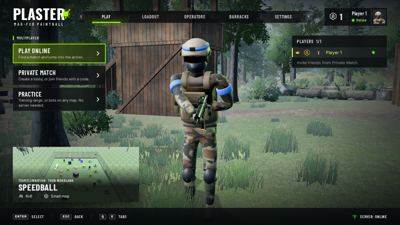 The main menu: the Play cards (Play Online, Private Match and Practice), the next map and your operator standing on Woodland.