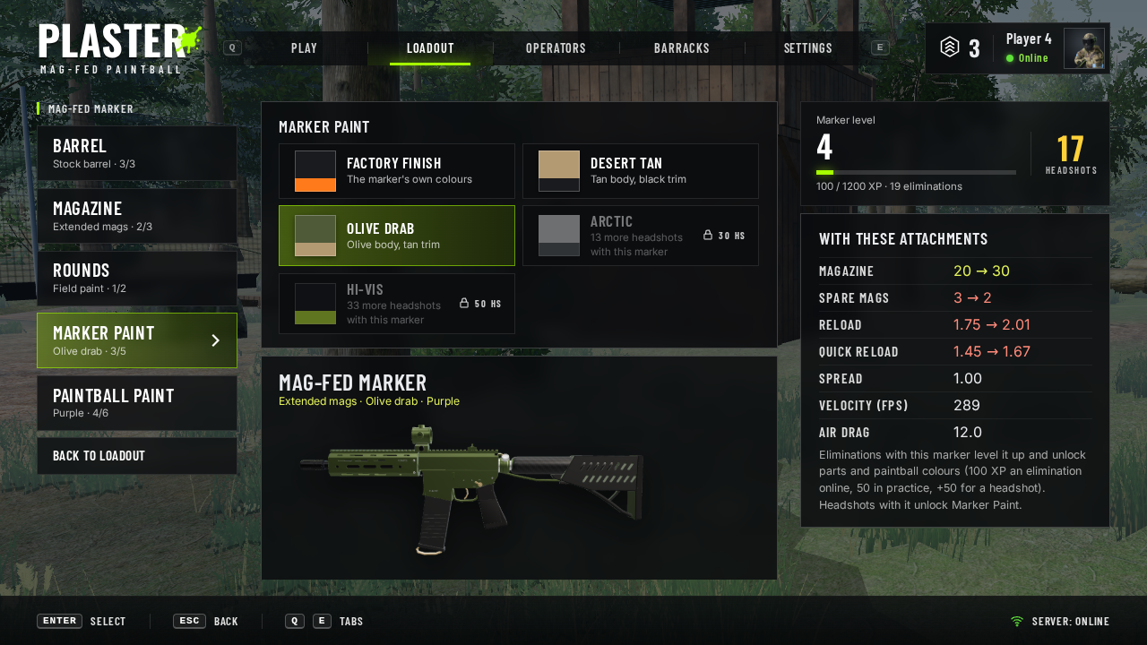 Loadout, Attachments: the marker's slots (barrel, magazine, rounds, Marker Paint, Paintball Paint) on the left, the Marker Paint swatches with locked ones greyed out and a picture of the painted marker in the middle, and the marker's level, headshots and stats stock to fitted on the right.