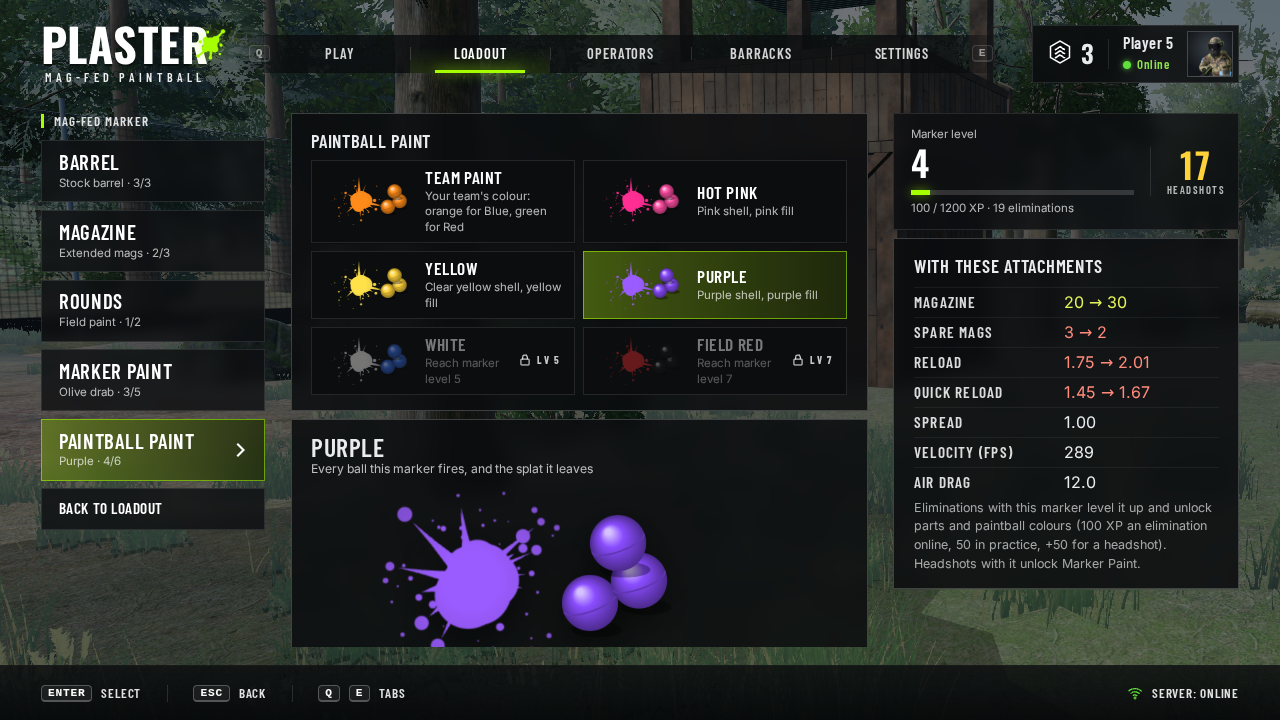 Loadout, Attachments, Paintball Paint: each colour as a splatter with paintballs, locked colours greyed out with the level they need, and a large picture of the picked paint.