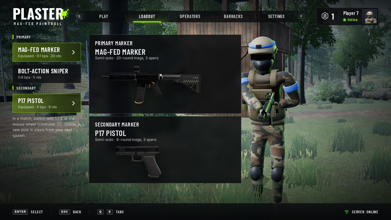 Loadout: primaries and sidearms listed on the left, a panel with a picture for the primary marker and one for the sidearm in the middle, your operator standing on the right.
