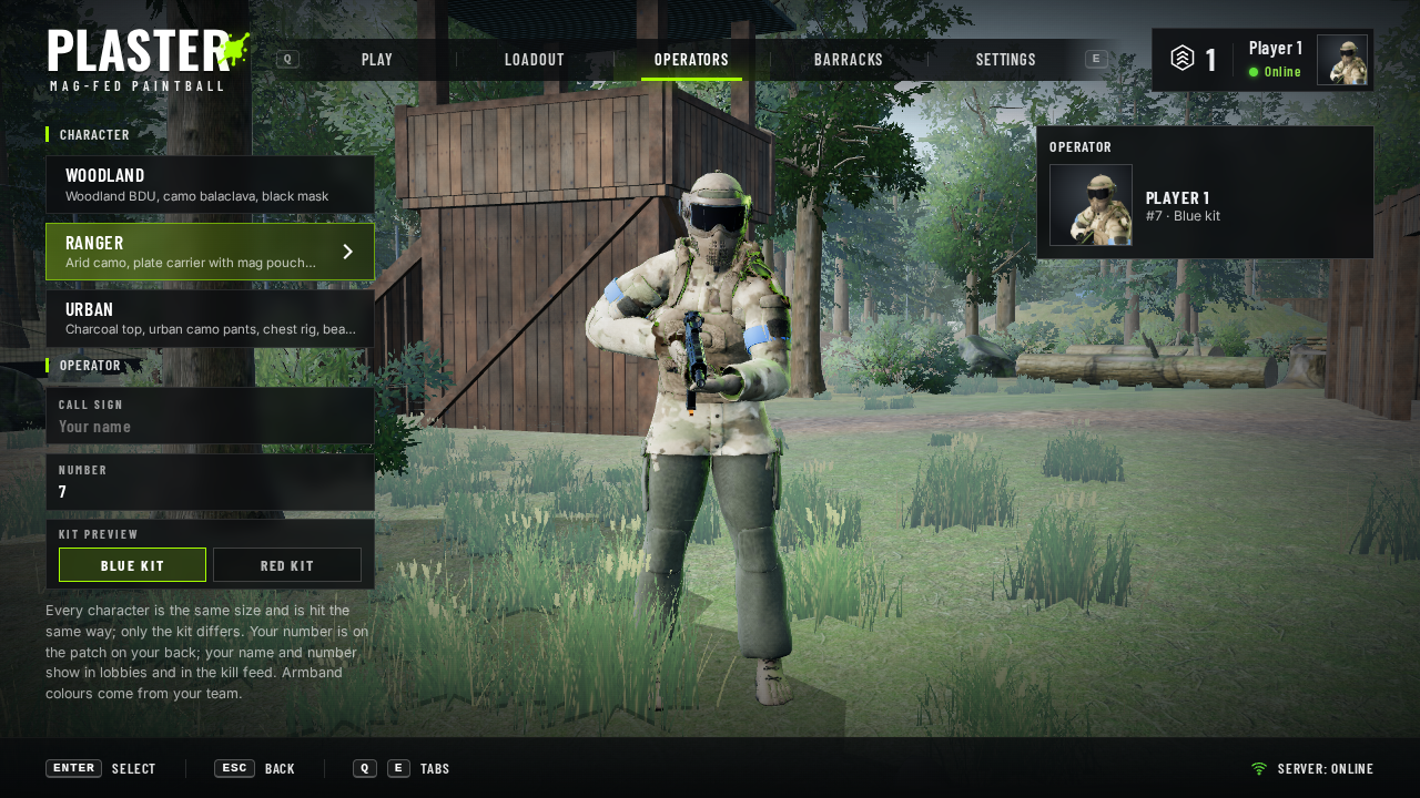 Operators: the three characters (Woodland, Ranger, Urban) and the call sign, number and kit preview on the left, the operator card on the right, your full-body operator (here the Ranger) in the middle.