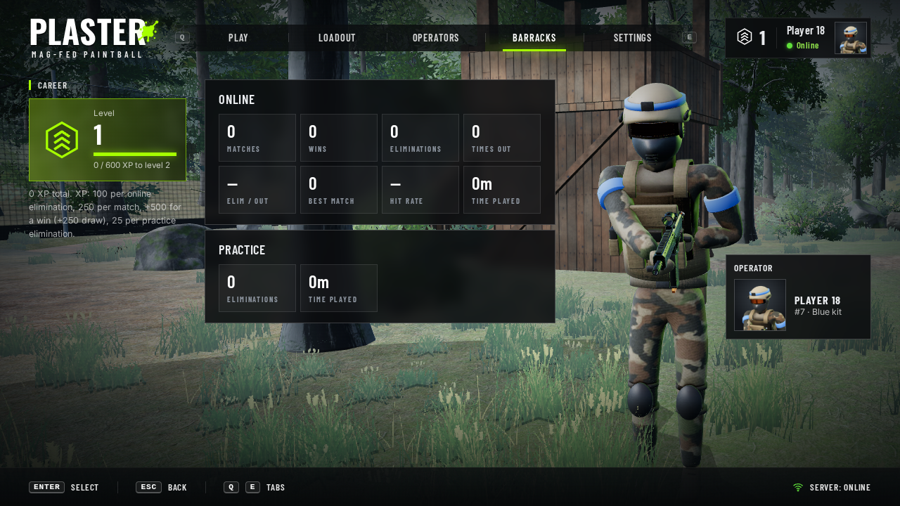 Barracks: level card with XP bar on the left, online and practice stat panels in the middle.