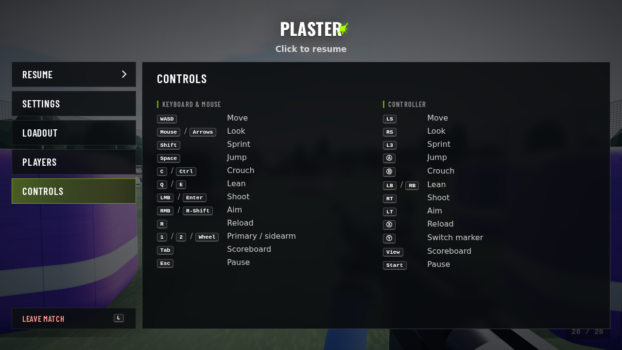 The Esc menu in a game: Resume, Settings, Loadout, Controls (shown) and Main menu.