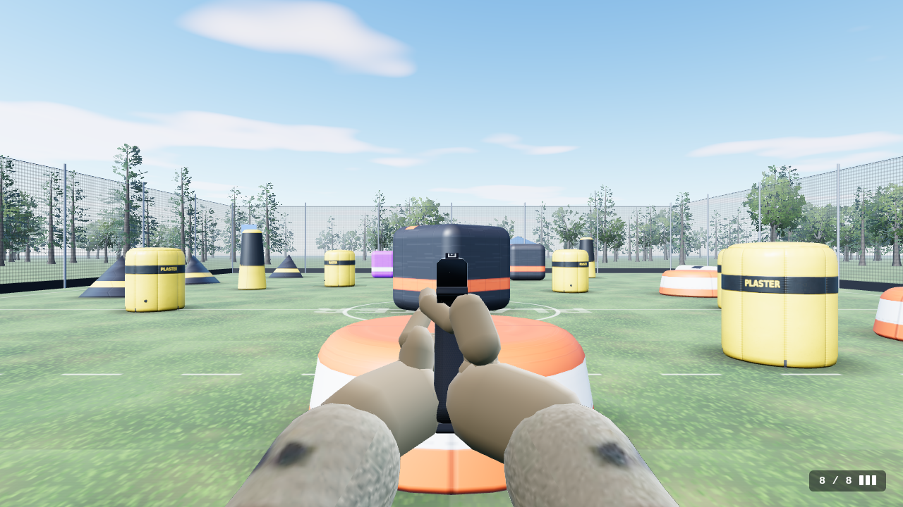 Aiming the pistol: both gloved hands on the grip, thumbs forward, the iron sights centred on a bunker.