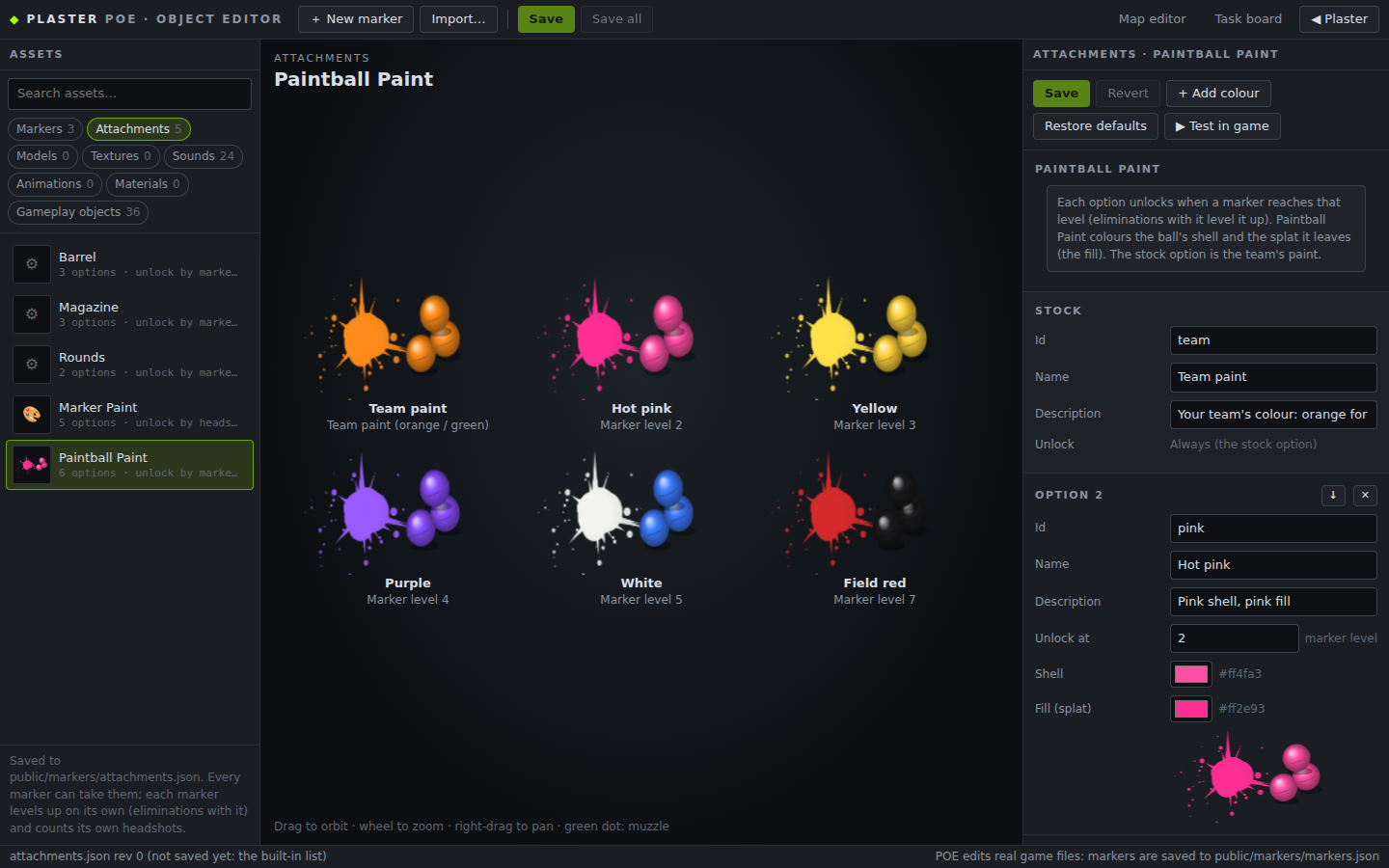 POE, Attachments: the Paintball Paint slot, every colour's splatter and paintballs in the middle, each option's name, unlock level and shell and fill colours on the right.