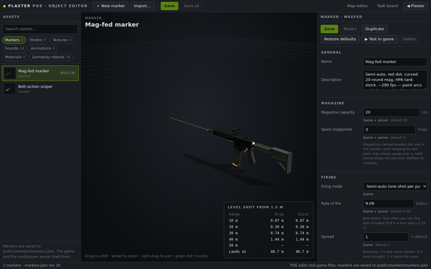 POE with the stock Mag-fed marker selected: asset browser on the left, the marker in the 3D preview with its muzzle line and a ballistics table, and its properties on the right.