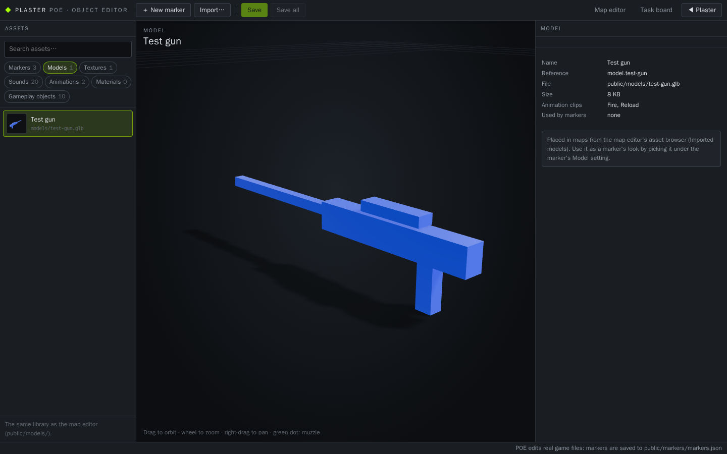 POE's Models category with an imported test gun selected, previewed in 3D, its file, size, clips and the markers that use it listed.
