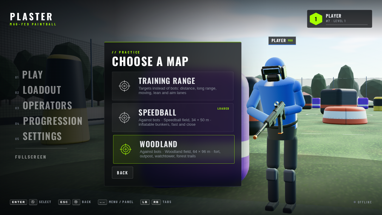 Main menu › Practice › Choose a map: Training range first, then Speedball (loaded) and Woodland against bots.