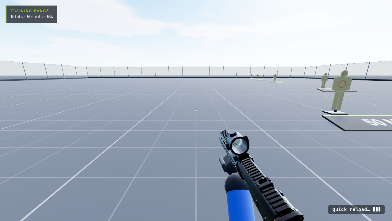 Looking down after a quick reload: the dropped magazine lies on the floor; the ammo counter shows 20 / 20 with two spare-magazine bars, one full and one partly full.