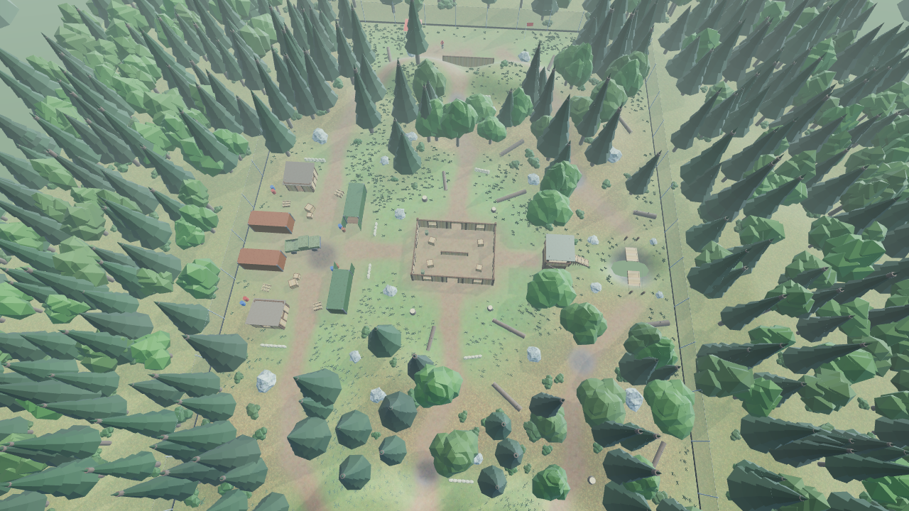 The view between rounds: Woodland from high above, turning slowly, with the fort in the middle.