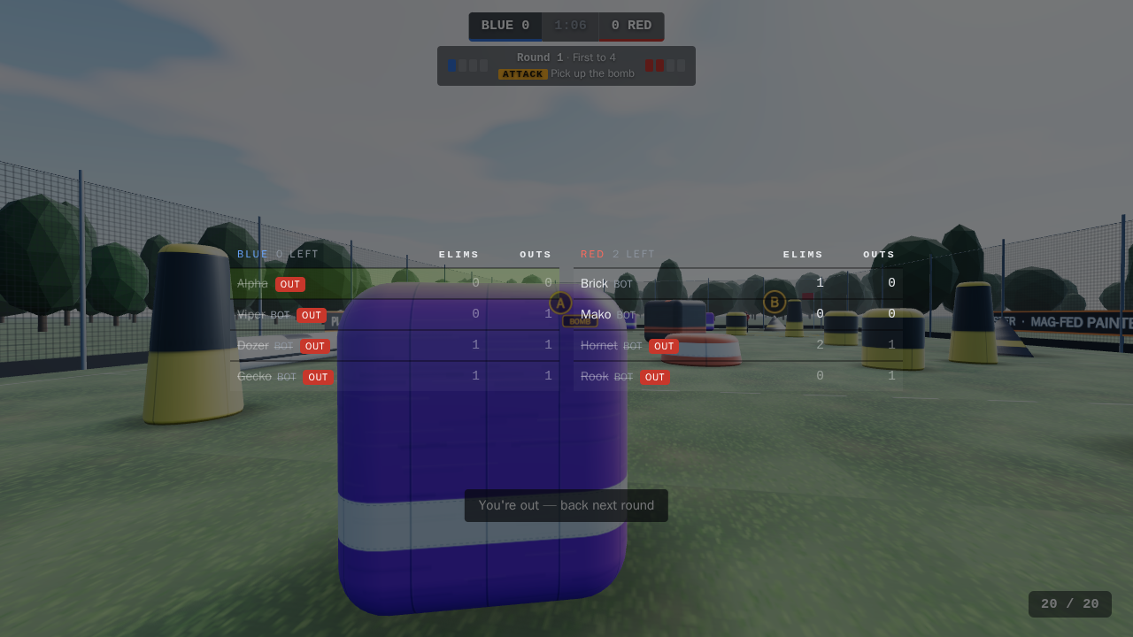 The held-Tab scoreboard in Search and Destroy: every blue player and two red players struck through with a red OUT tag; Blue 0 left, Red 2 left.