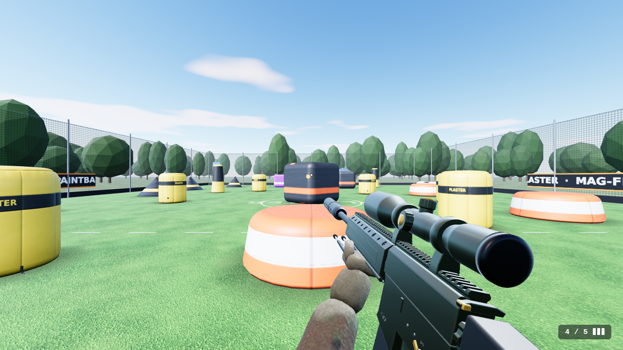 First person with the sniper just after a shot: the marker rolled right, the bolt handle pulled back.