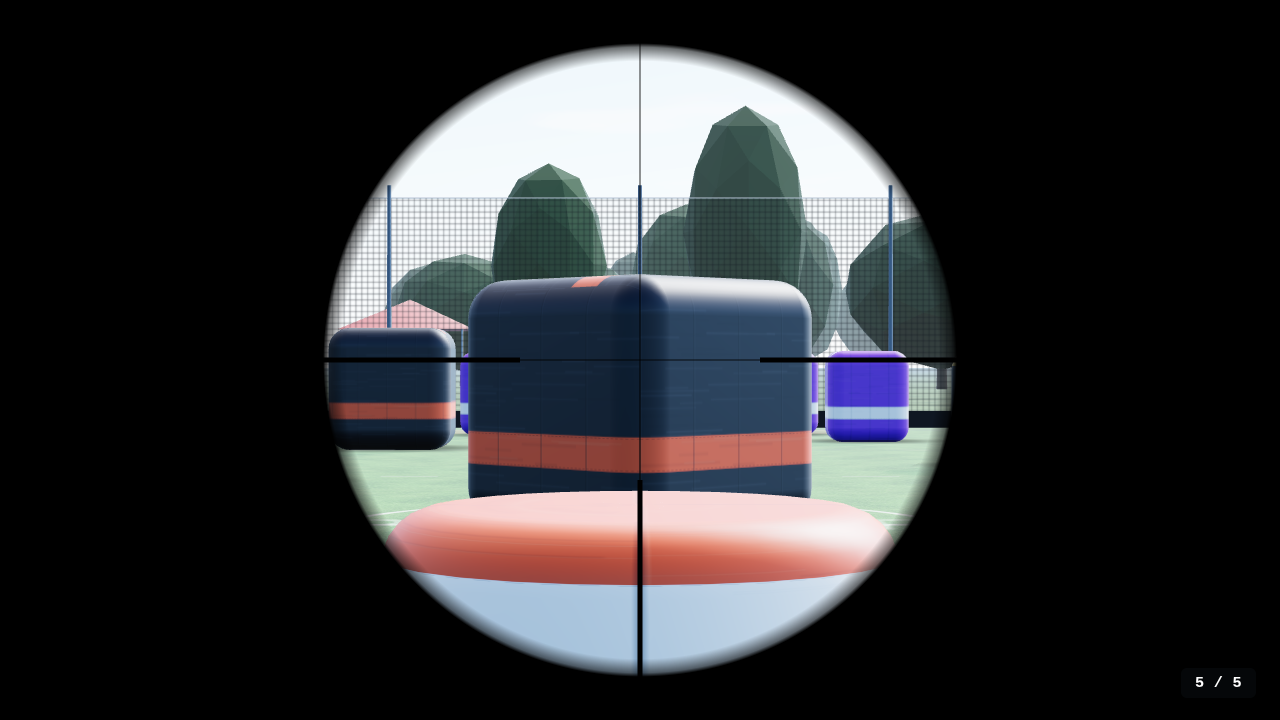 Looking through the 4x scope at a bunker: black surround, fine crosshair with heavy posts.