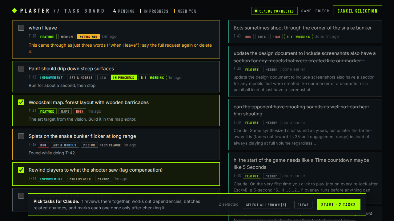 Selecting tasks for Claude: checkboxes on pending tasks and a bar with Start · 2 tasks.