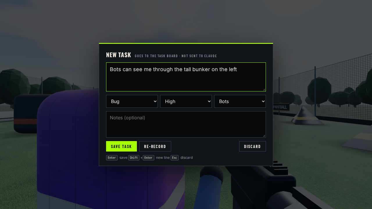 The New task card over a paused practice match, with the dictated text, type set to Bug, priority and area.