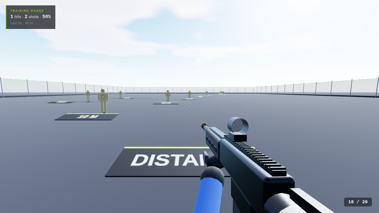 The Training range from the firing line: a grid floor, player-shaped targets staggered down the Distance lane with distance plaques on the floor, the training readout top left.