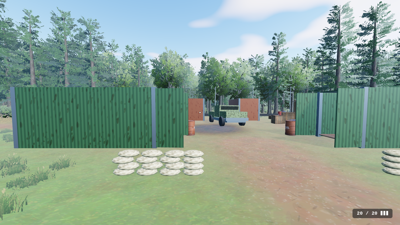 The outpost: a walk-in shipping container, sandbags, the abandoned truck, crates, barrels and a shack.