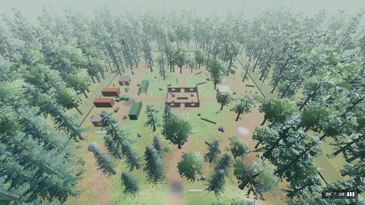 The Woodland map from above: fort in a clearing, forest and trails.